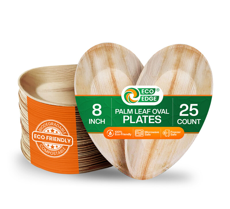 

EcoEdge 8 Inch Oval Areca Palm Leaf Plates (Pack of 25) Plant Based, Natural, Biodegradable, Compostable, Organic Finish, Heavy Duty, Durable, Sustain