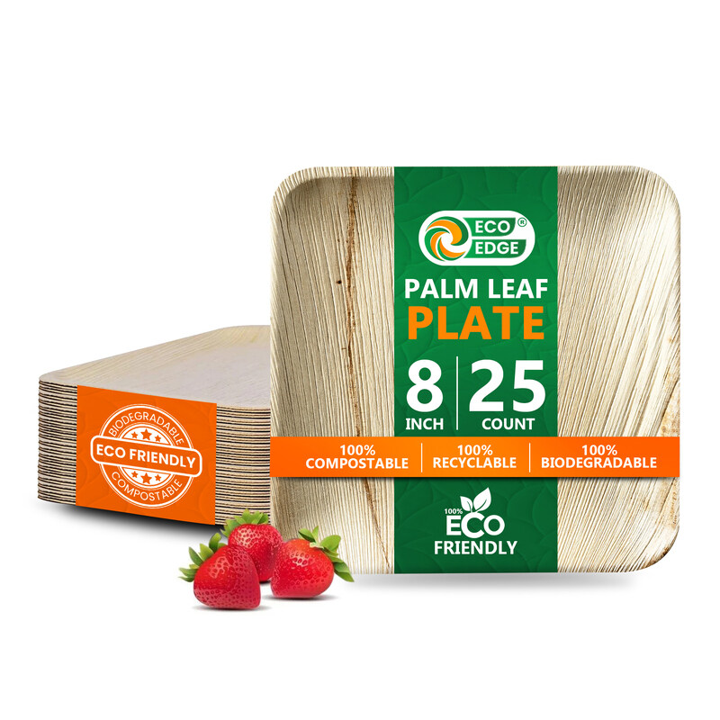 

EcoEdge 8 Inch Square Areca Palm Leaf Plates (Pack of 25) Fully Compostable, Organic, Biodegradable, Eco-Friendly and Nature-made Sturdy Disposable Pl