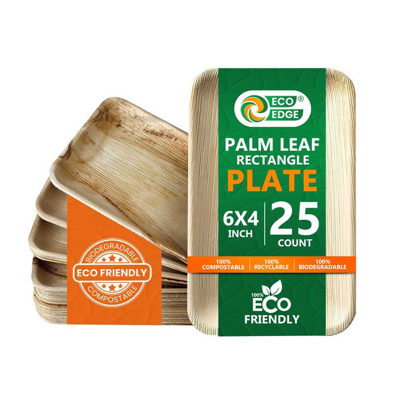 

EcoEdge 6x4 Inch Rectangle Areca Palm Leaf Plates (Pack of 25) Plant Based, Eco-Friendly, Bamboo like Wood Finish, Nature inspired, Sturdy, Stylish, D