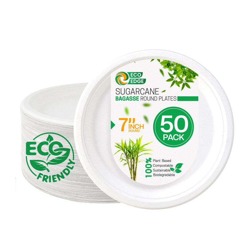 

EcoEdge 7 Inch Round White Disposable Sugarcane Bagasse Plates (Pack of 50) Stackable, Organic, Plant Based, Compost safe, Leak-Proof, Zero-Waste, BPA