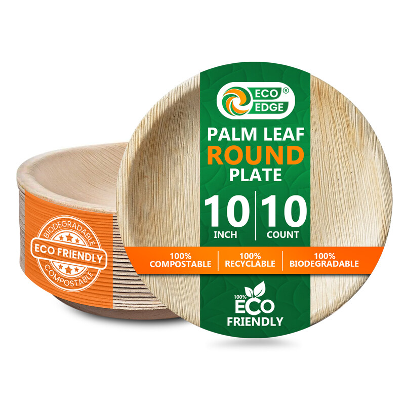 

EcoEdge 10 Inch Round Areca Palm Leaf Plates (Pack of 10) Non-Toxic, Naturally Sourced, Eco Friendly, Biodegradable, Compostable Bamboo like Texture,