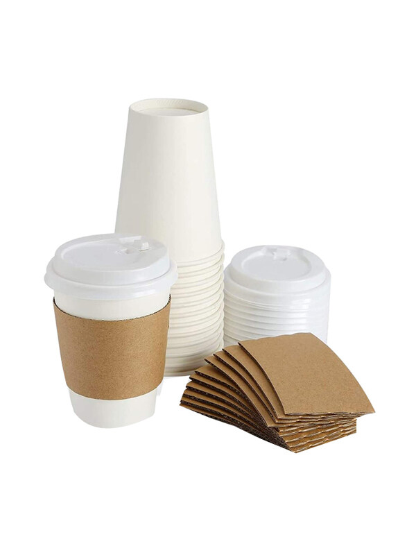 

Markq 12oz 50-Pieces Disposable Coffee Cups with Lids and Sleeves, White