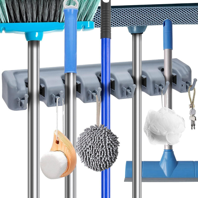 

MARKQ Wall Mounted Storage Organizer Mop Broom Garden Tool Holder Rack with 5 Position & 6 Hooks, Grey