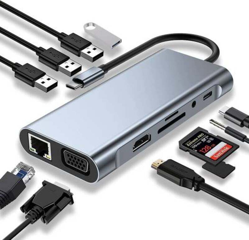 

Generic Type-C To HDMI 11 In 1 Adapter LAN Type-C SD Card +USB 3.0x4 Audio HDMI VGA, Supports Gigabit Transmission High Quality Aluminum Alloy Sh