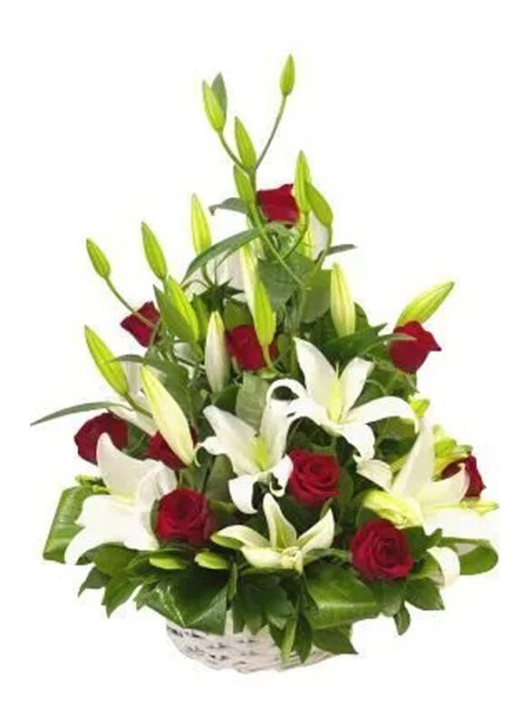

Carmel Flowers Esteem Love 5 Stem Lilly & 10 Stem Red Roses in Basket, Red/White
