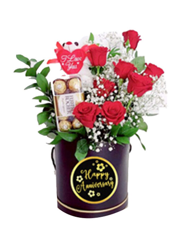 

Carmel Flowers Flowers and Chocolate With Teddy in a Black Box, Multicolour
