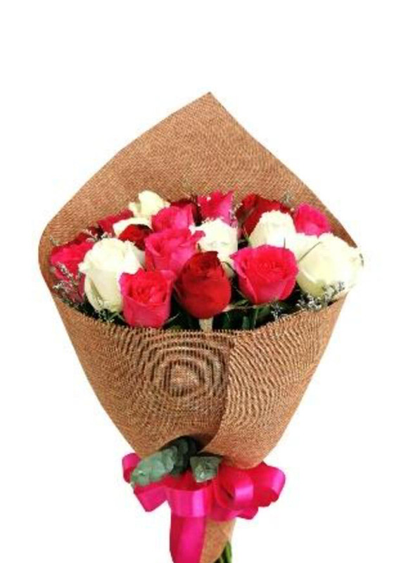 

Carmel Flowers Beautiful Blossoms Mixed Roses with Fillers & leaves with Jute Wrapping, 21 Pieces, Multicolour