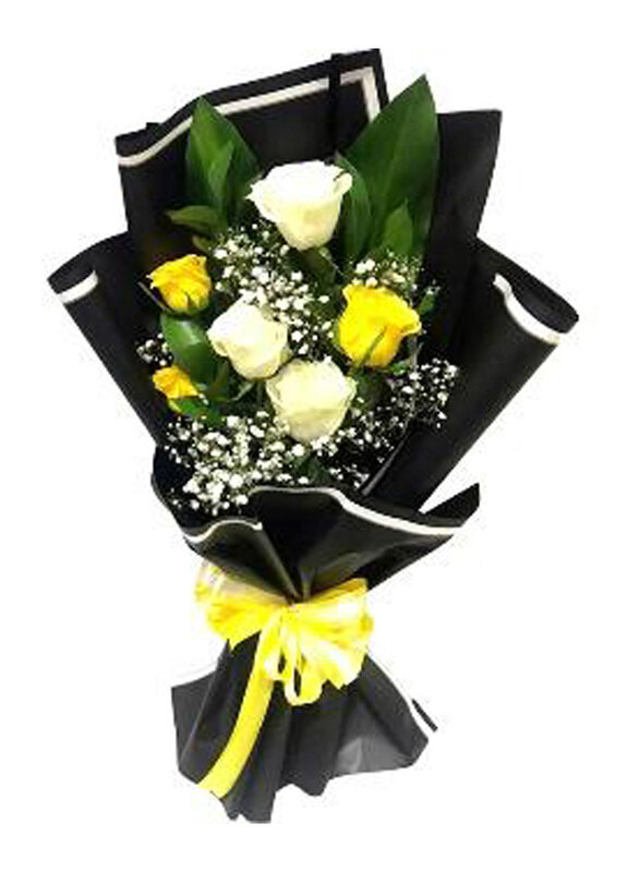

Carmel Flowers Someone Special Bouquet 3 Yellow & 3 White Roses with Black Wrapping, Multicolour