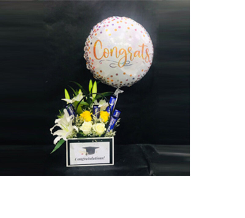 

Carmel Flowers Combo Graduation Yellow and White Mix Flowers With Chocolate and Foil Balloon, Multicolour