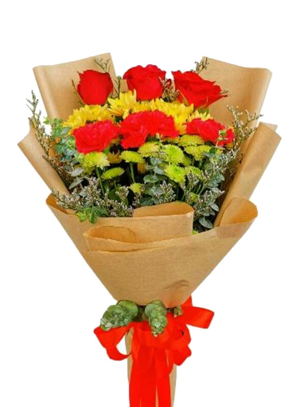 

Carmel Flowers Spring Beauty Red Roses with Green & Yellow Chrysanthemum with Craft Wrapping, 12 Pieces, Multicolour