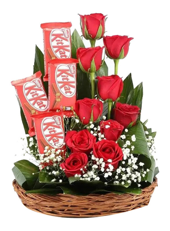 

Carmel Flowers Sweet Romantic 10 Red Roses Gift Basket with 4 Kitkat, Red