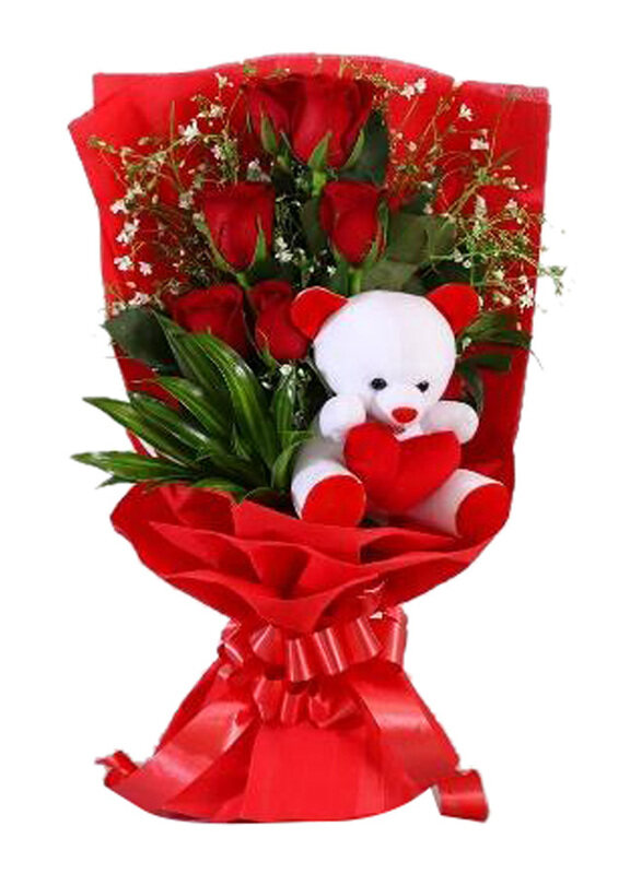 

Carmel Flowers Romantic Red Roses Bouquet with Teddy, 6 Pieces, Red