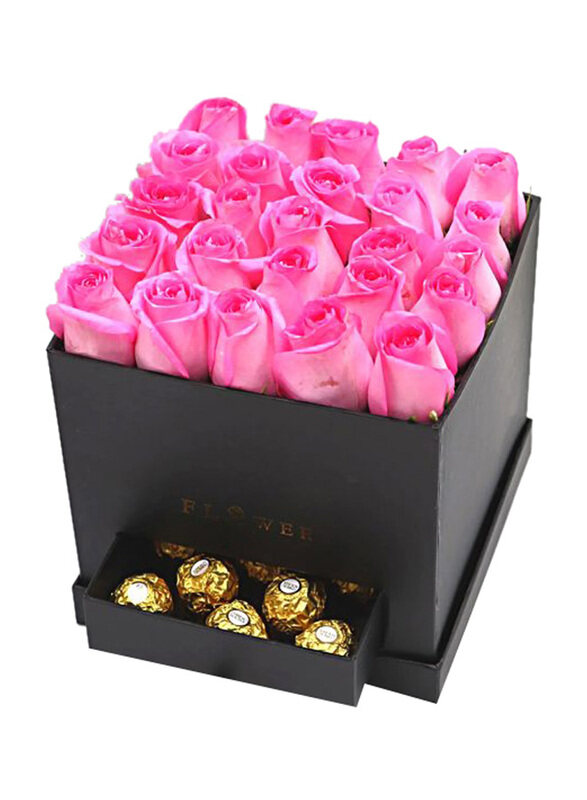 

Carmel Flowers Romantic 25 Pink Rose with 16 Ferrerro Rocher Box, Pink