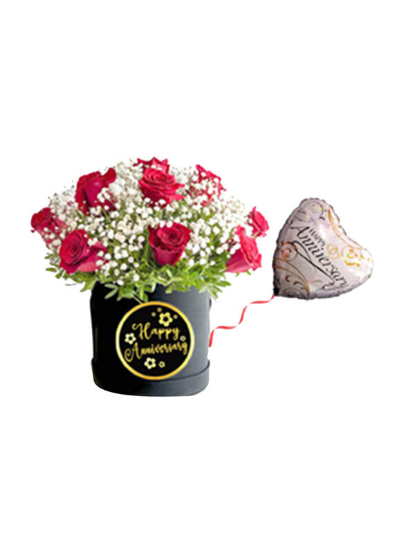 

Carmel Flowers Red Rose With Fillers and Anniversary Foil Balloon, Multicolour