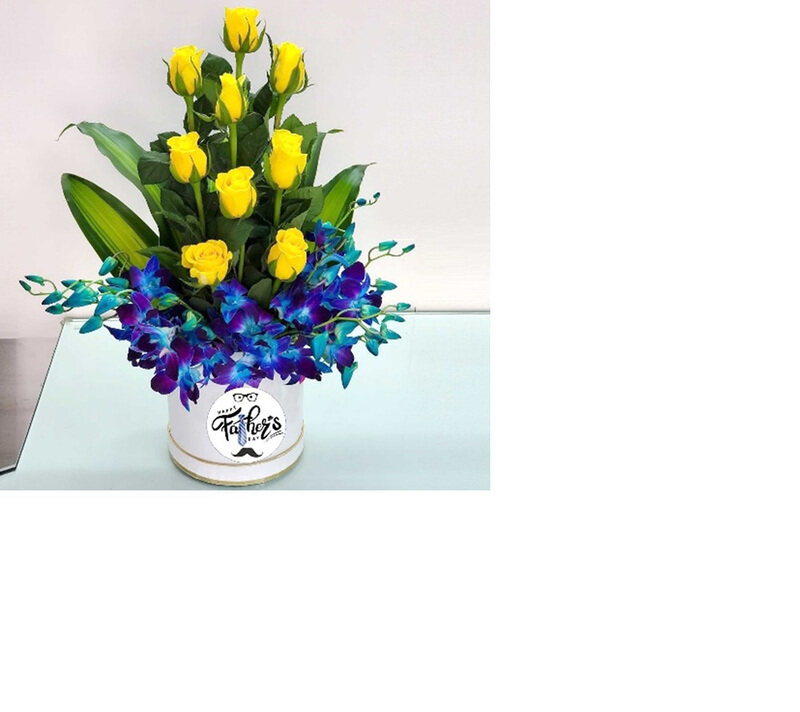 

Carmel Flowers Fathers Day 6 Blue Orchids With 9 Roses Box Arrangement, Multicolour