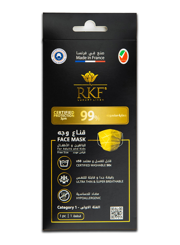 RKF Curve Design 99 % Protected Reusable and Washable Face Mask, 50 Full Wash Cycles, Yellow, Free Size