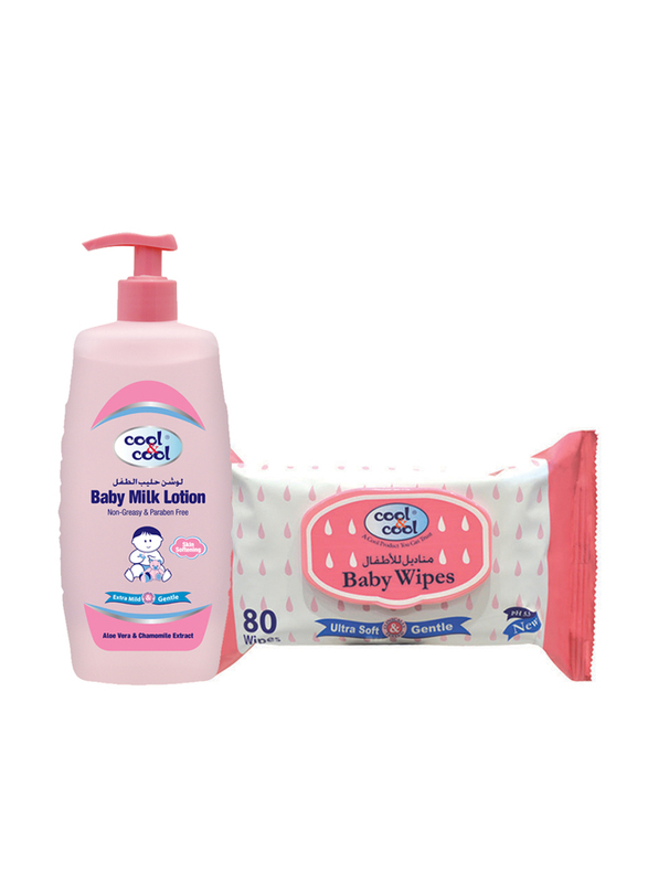 Cool & Cool 2-Pieces Baby Milk Lotion + Baby Wipes Set for Kids, 500ml + 80 Wipes