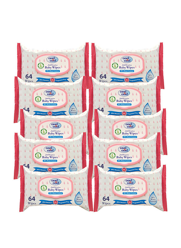 Cool & Cool 10-Piece 99.9% Water Content Baby Wipes, 64 Sheets