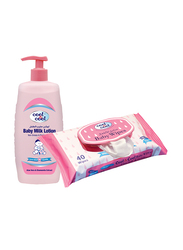 Cool & Cool 2-Pieces Baby Milk Lotion + Regular Baby Wipes Set for Kids, 500ml + 40 Wipes