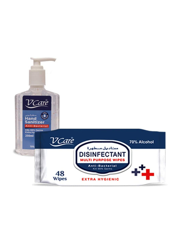 V Care Disinfectant Multi Purpose Wipes with Hand Sanitizer Set, 250ml + 48 Sheets, 2-Pieces