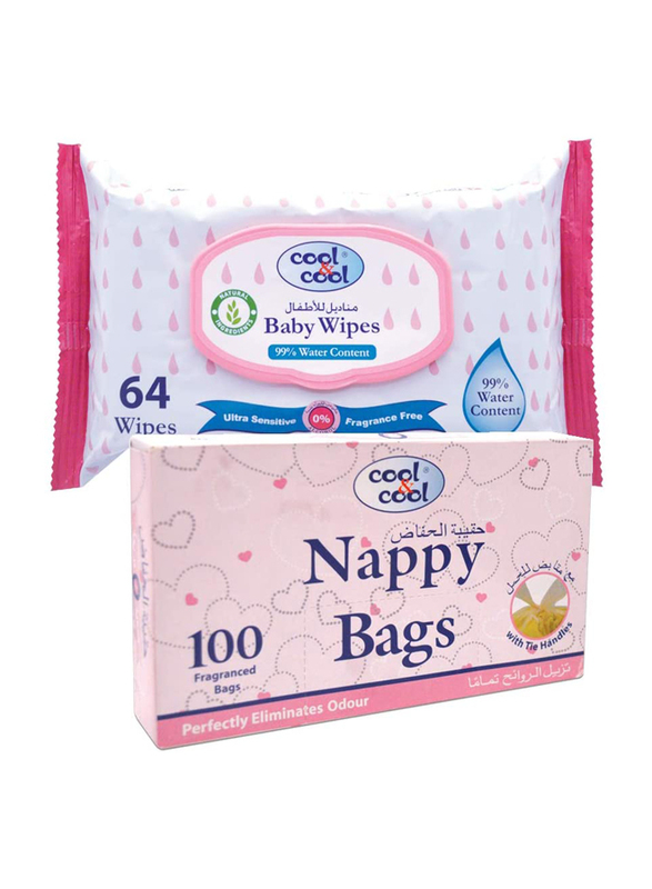 Cool & Cool 2-Pieces Nappy Bags Set for Baby, Nappy Bags 100 Sheets, Baby Wipes 64 Sheets
