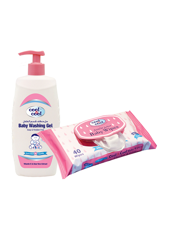 Cool & Cool 2-Pieces Baby Washing Gel + Regular Baby Wipes Set for Kids, 500ml + 40 Wipes