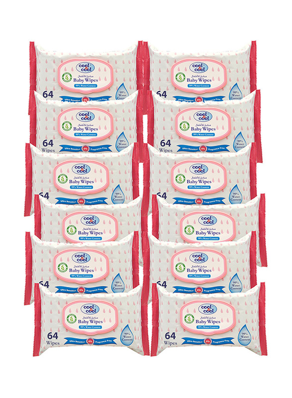 Cool & Cool 12-Pieces 99% Water Content Baby Wipes, 64 Wipes