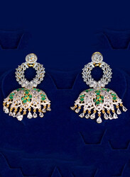 Glam Jewels The Lotus Bloom Dangle Earrings for Women with Emerald Stone, Silver/Green