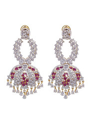 Glam Jewels The Lotus Bloom Dangle Earrings for Women with Ruby Stone, Silver/Red