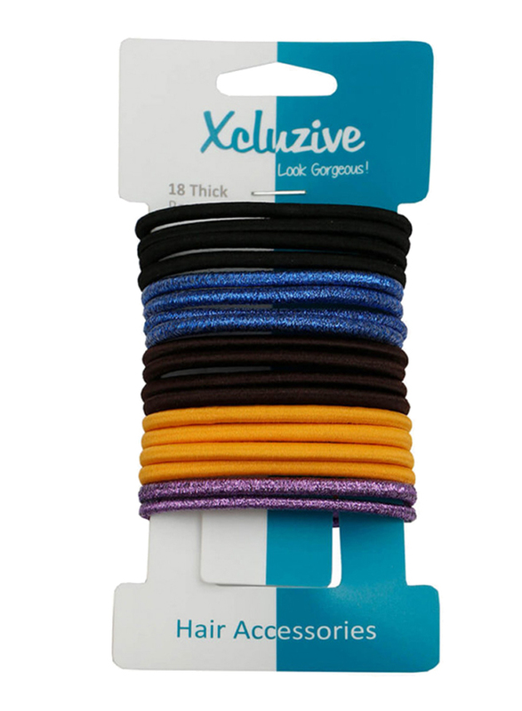 Xcluzive 18 Pieces Thick Pony Tailers, Black/Blue/Yellow/Purple