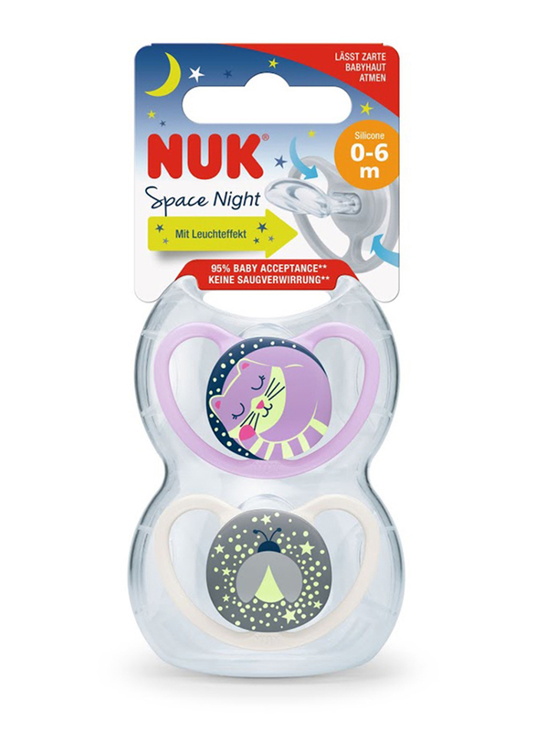 NUK Space Night Silicone Soother, 0-6 Months, 2 Pieces, Multicolour