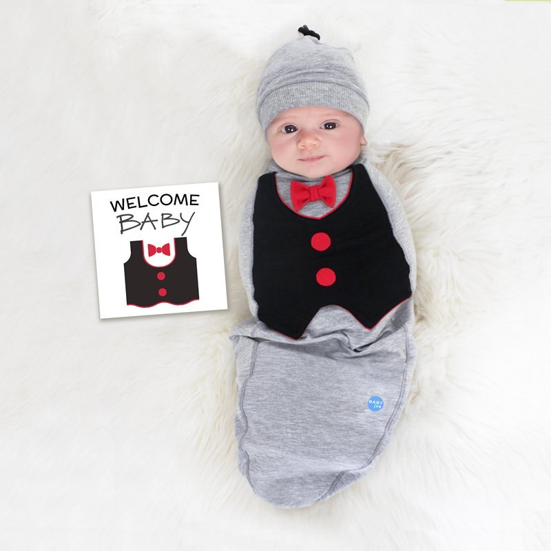 بيبي جوي قميطة أطفال بيغ شوت مع قبعة وبطاقة إبلاغ للاولاد, 0-4 اشهر, رمادي