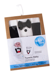 بيبي جوي قميطة أطفال توكسيدو مع قبعة وبطاقة إبلاغ للاولاد, 0-4 اشهر, ابيض
