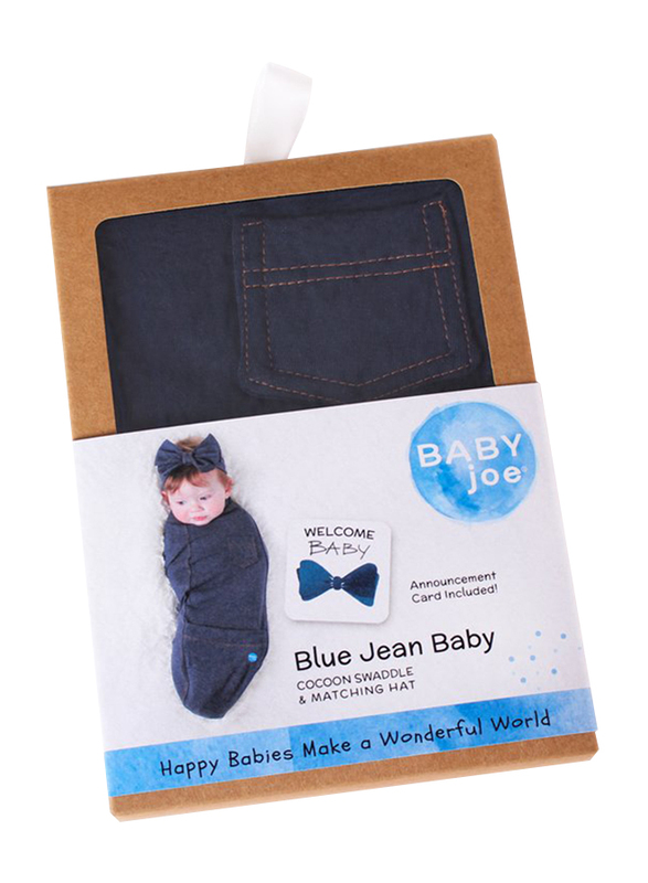 بيبي جوي ازرق قميطة أطفال جين مع قبعة وبطاقة إبلاغ للاطفال, 0-4 اشهر, ازرق