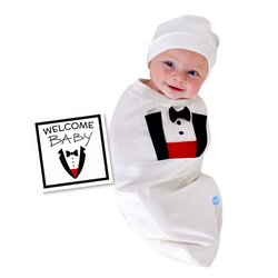 بيبي جوي قميطة أطفال توكسيدو مع قبعة وبطاقة إبلاغ للاولاد, 0-4 اشهر, ابيض
