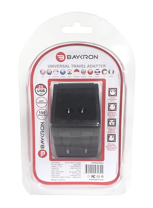 Baykron ITC005 Universal Travel Adapter, 2.1A with Dual USB Port and Light Indicator, Black