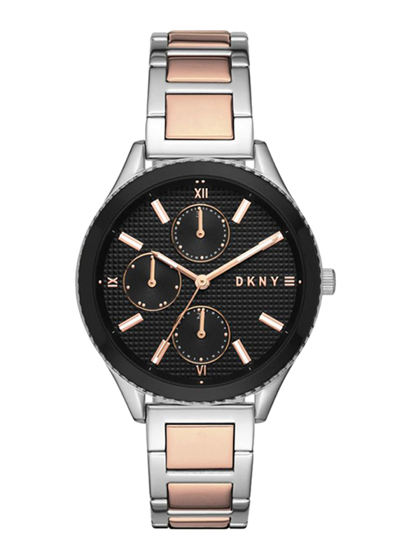 DKNY Analog Stainless Steel Watch for Women, Water Resistant with Chronograph, Rose Gold/Silver-Black, NY2659