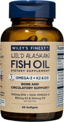 Wiley's Finest Wild Alaskan Fish Oil Omega-3 +K2 & D3 Dietary Supplement, 60 Softgels