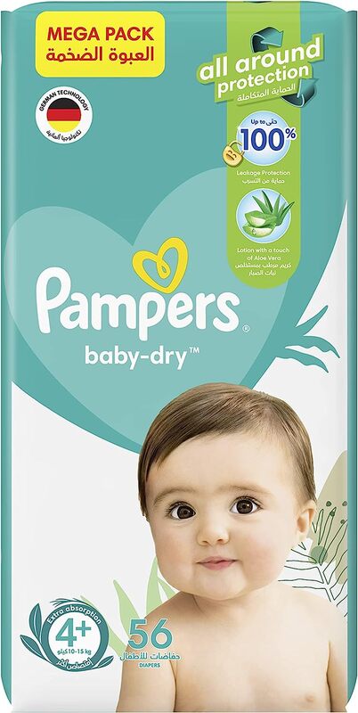 Pampers Baby-Dry Diapers, Size 4 Plus, Maxi+, 10-15 kg, Mega Pack, 56 Counts