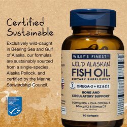 Wiley's Finest Wild Alaskan Fish Oil Omega-3 +K2 & D3 Dietary Supplement, 60 Softgels