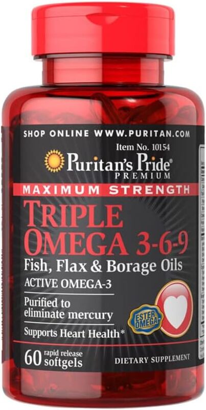 Puritan's Pride Triple Omega 3-6-9 Dietary Supplement, 60 Softgels