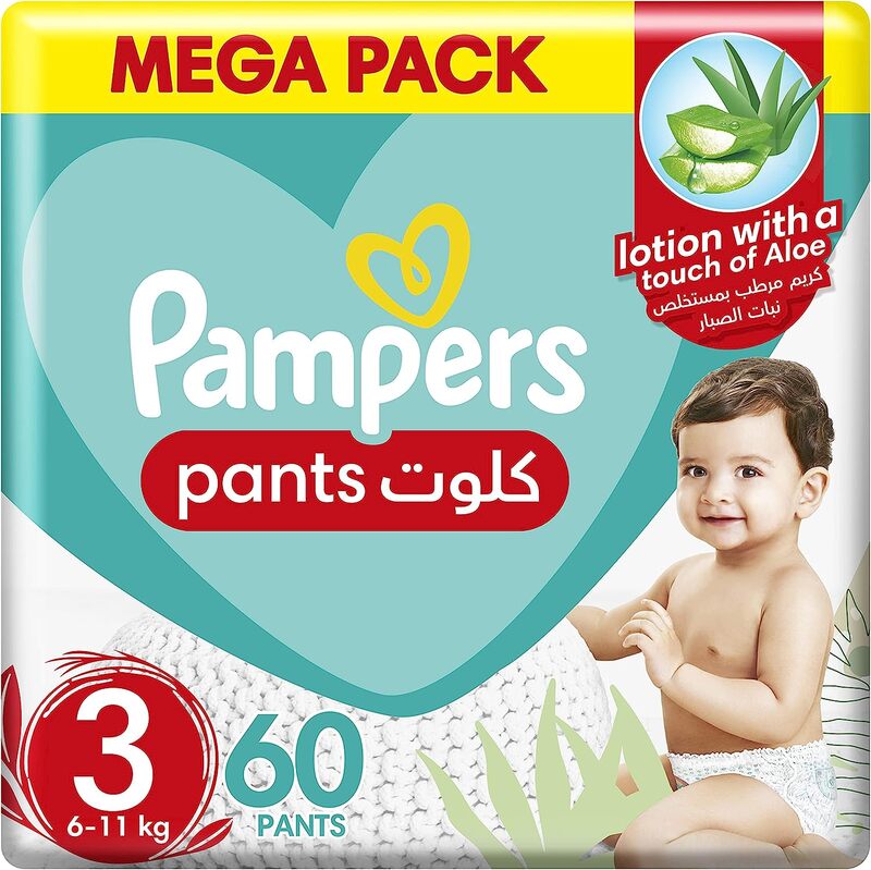 Pampers Baby-Dry Pants with Aloe Vera Lotion Stretchy Sides and Leakage Protection, Size 3, 6-11 kg, Mega Pack, 60 Counts