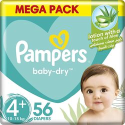 Pampers Baby-Dry Diapers, Size 4 Plus, Maxi+, 10-15 kg, Mega Pack, 56 Counts