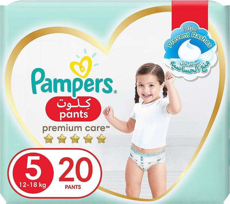 

Pampers Premium Care Diaper Pants with Stretchy Sides, Size 5, 12-18 kg, 20 Count