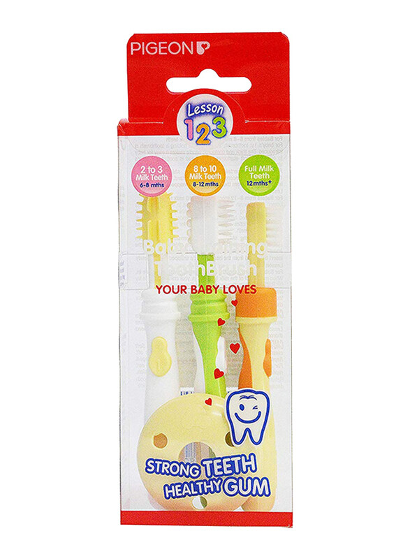 

Pigeon 3-Piece Lesson 1 2 3 Training Tooth Brush Set with Extra Soft Bristles Soft Grip, Multicolour