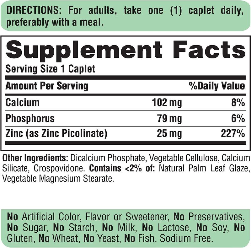 Puritan's Pride Zinc Picolinate Dietary Supplement, 25mg, 100 Caplets