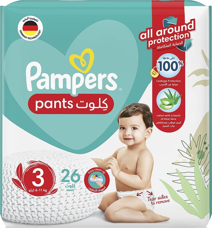 Pampers Baby-Dry Pants with Aloe Vera Lotion Stretchy Sides and Leakage Protection, Size 3, 6-11 kg, Mega Pack, 26 Counts