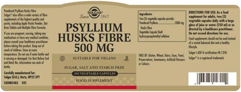 Solgar Psyllium Husks Fiber Food Supplement, 500mg, 200 Capsules