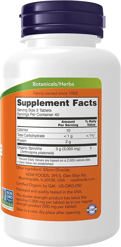 Now Foods Certified Organic Spirulina Dietary Supplement, 1000mg, 120 Tablets