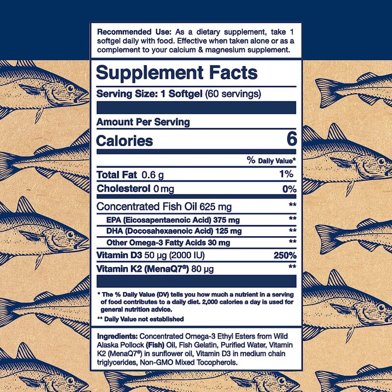 Wiley's Finest Wild Alaskan Fish Oil Omega-3 +K2 & D3 Dietary Supplement, 60 Softgels